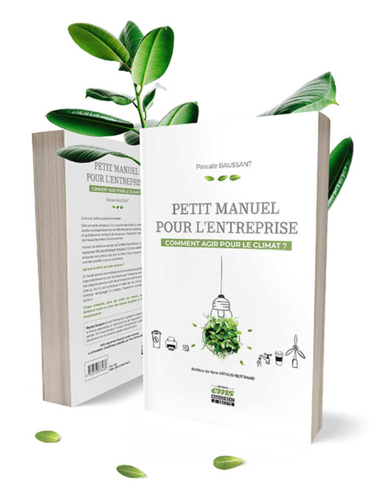 Couverture du livre de Pascale Baussant Petit Manuel pour l'entreprise, avec en fonds des feuilles vertes pour présenter la philosophie du livre : Comment agir pour le climat? 